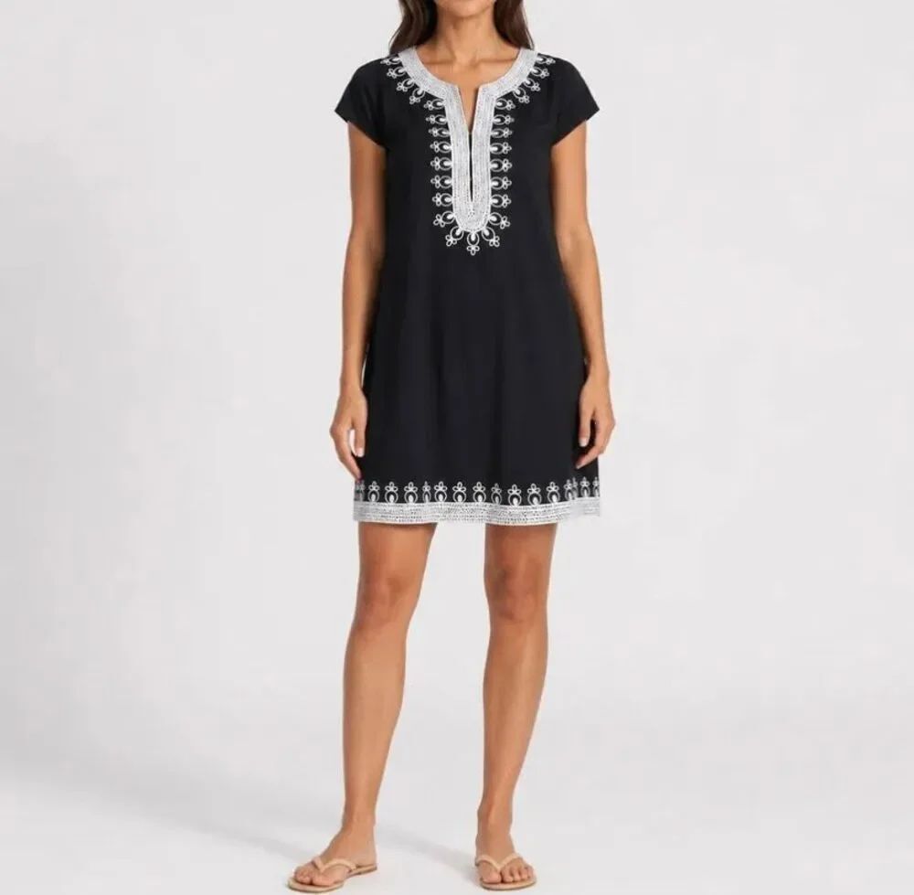 Calypso women’s Rowena, black and silver embroidered shift dress XS